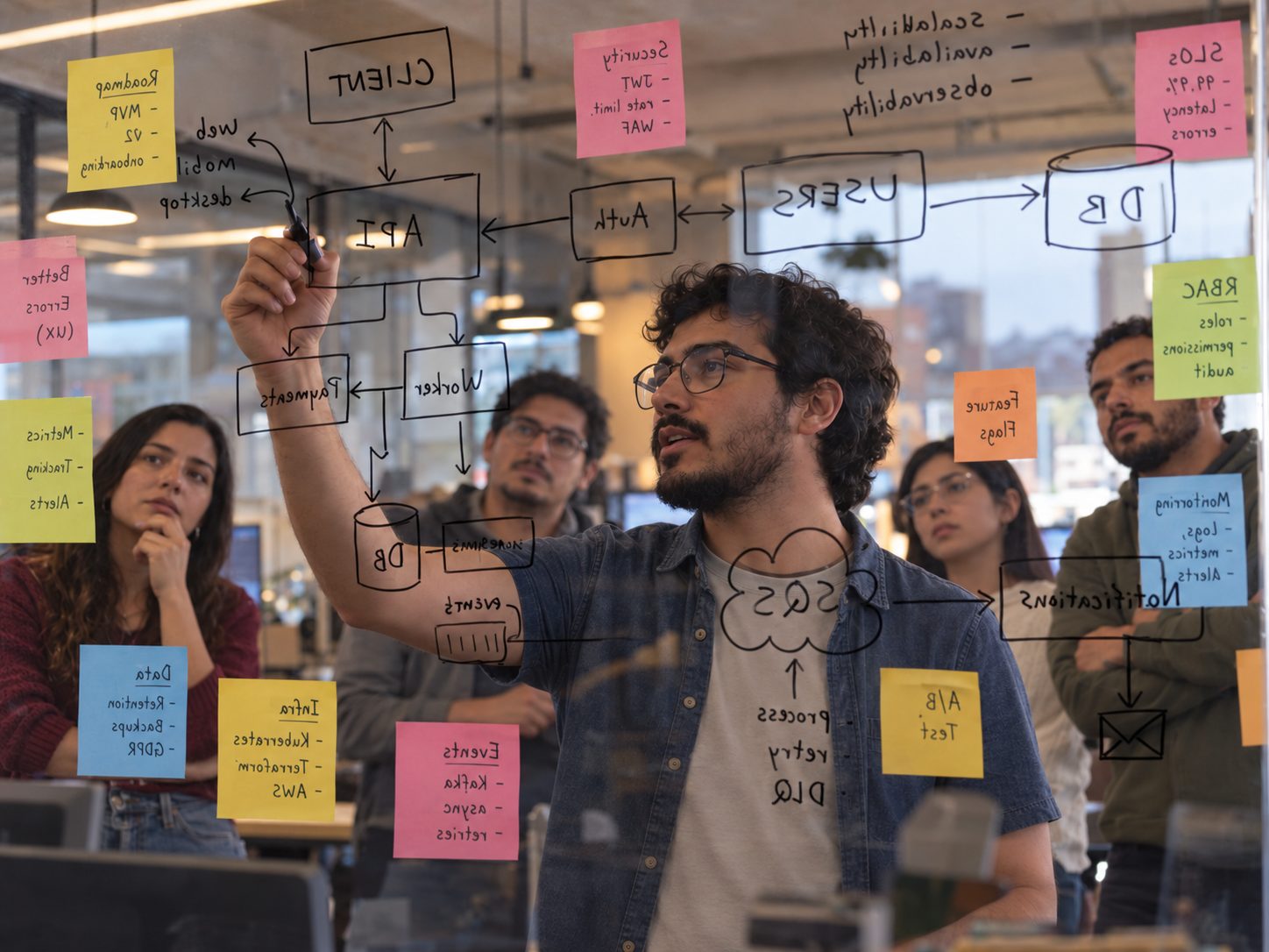 Team brainstorming with sticky notes on a glass wall